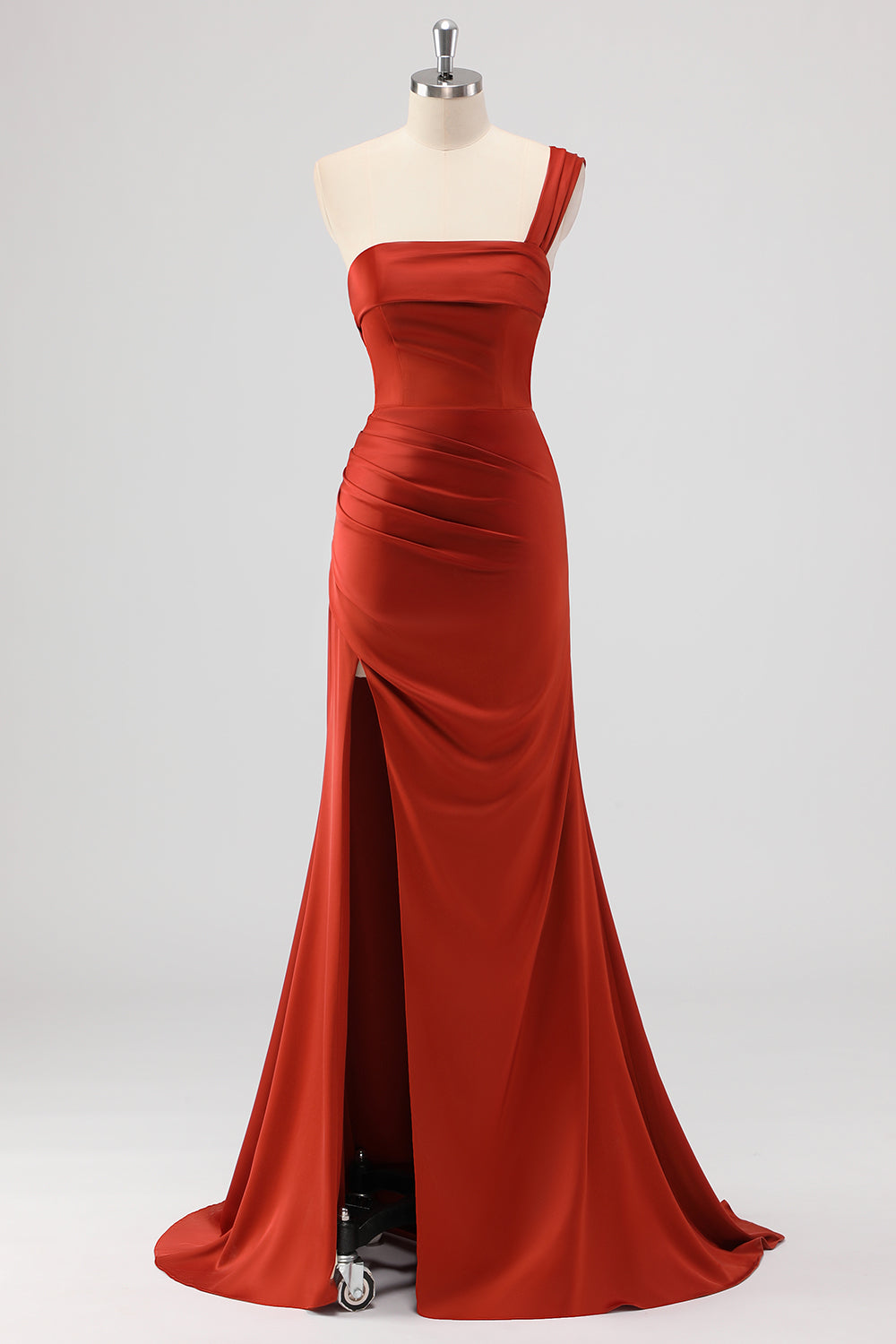 Rust Havfrue En Skulder Sateng Lang Brudepikekjole Med Splitt