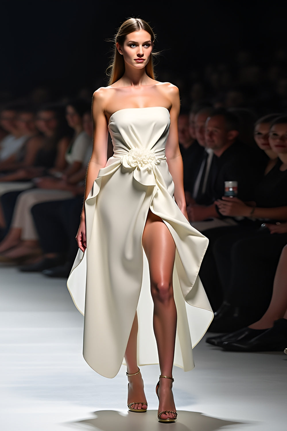 Hvit A Line Stroppeløs Rynket Gala Kjole med 3D Blomst