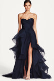 Elegant Navy Ruffled A Line Sweetheart formell kjole med splitt