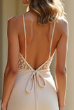 Slire Champagne Stretch Sateng Spaghetti Stropper Lang Ballkjole
