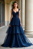 Navy A Line Spaghetti Stropper Lagdelt Blonder Lang Ballkjole
