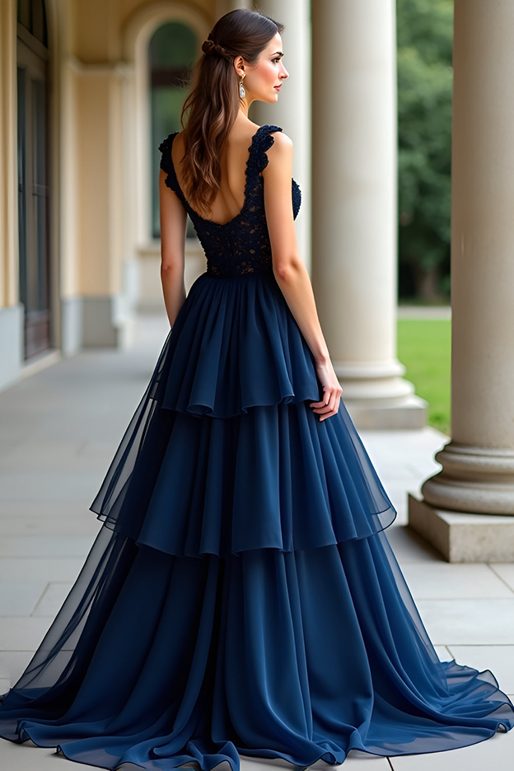 Navy A Line Spaghetti Stropper Lagdelt Blonder Lang Ballkjole