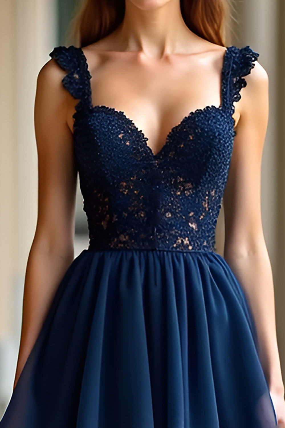 Navy A Line Spaghetti Stropper Lagdelt Blonder Lang Ballkjole
