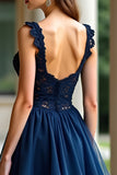 Navy A Line Spaghetti Stropper Lagdelt Blonder Lang Ballkjole