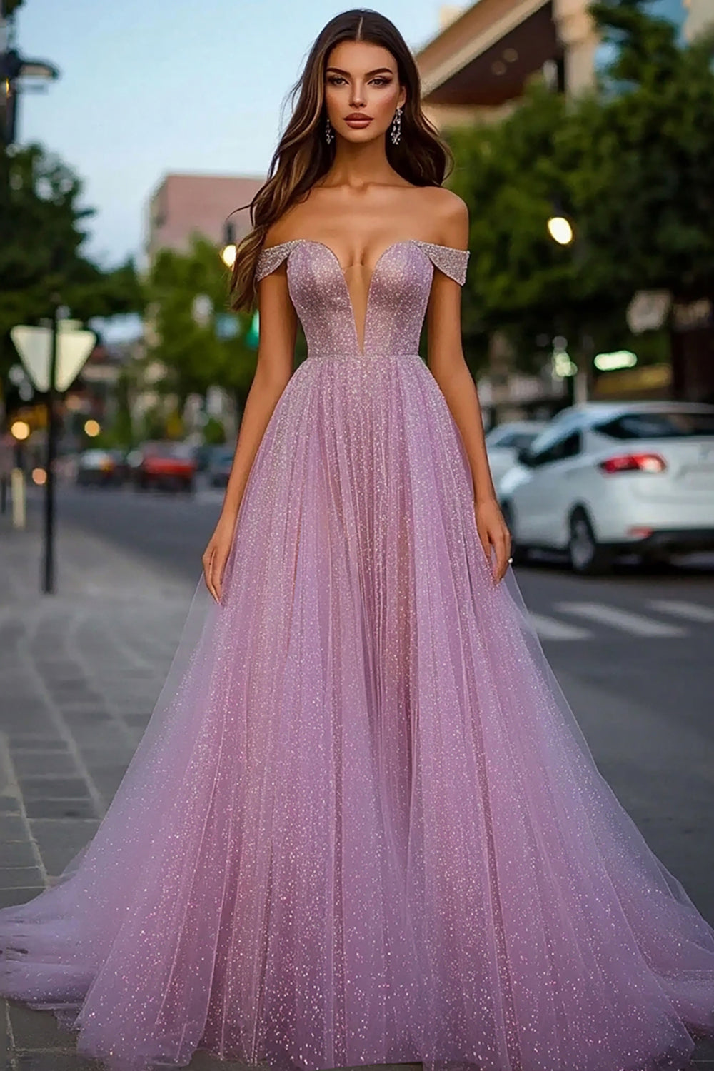 Dusty Rose Glitter Off the Shoulder A-linje lang ballkjole