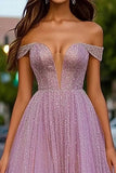 Dusty Rose Glitter Off the Shoulder A-linje lang ballkjole