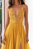 Gul Chiffon V-hals A-linje Appliqued Lang Ballkjole med Splitt