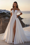 En linje lvory Off The Shoulder Lang brudekjole med splitt