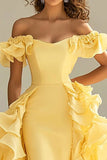 Gul Off The Shoulder Havfrue Ruffles Sateng Ballkjole