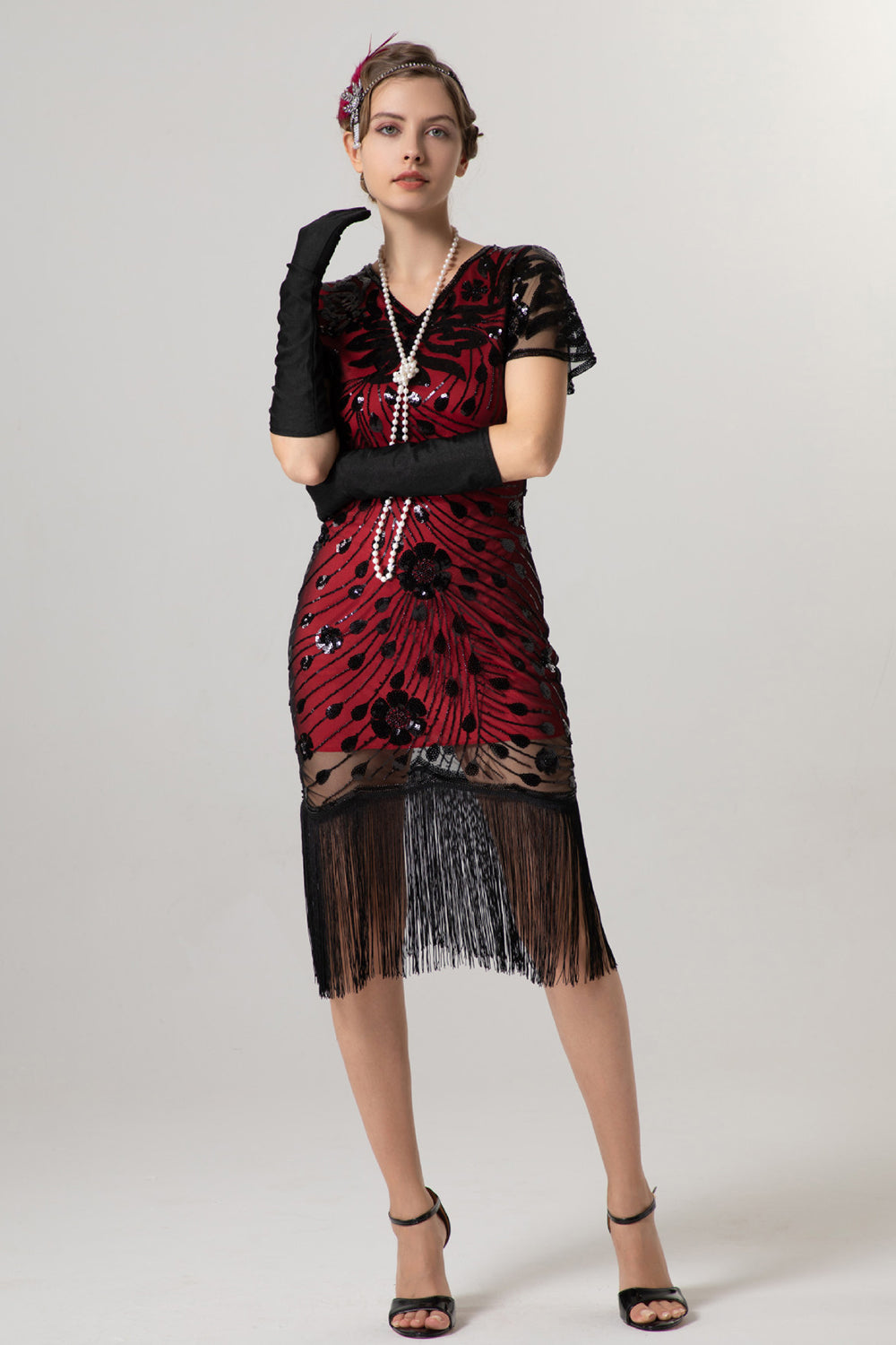 Glitrende Svart Gylden Frynset V-hals 1920-tallet Kjole Med Korte Ermer