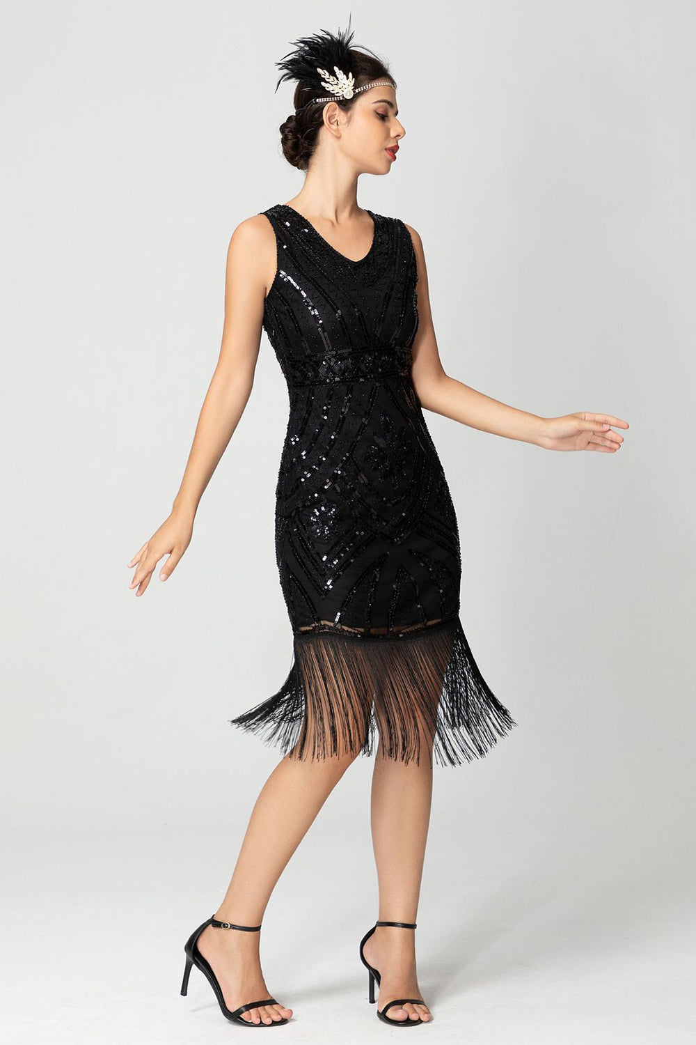 Frynser Slire Paljetter V-hals Svart Bugundy 1920-talls kjole