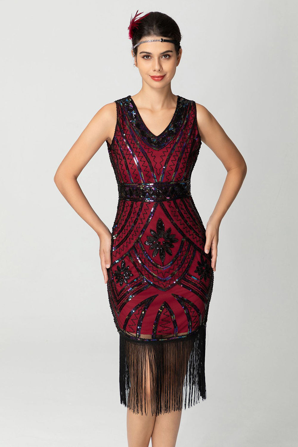 Frynser Slire Paljetter V-hals Svart Bugundy 1920-talls kjole