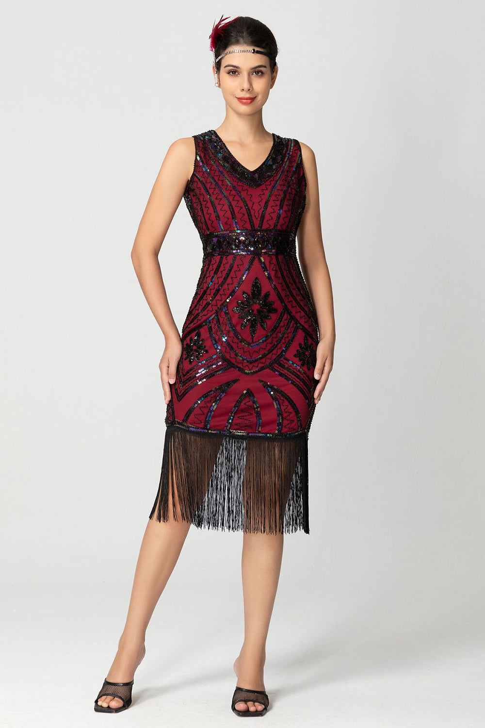 Frynser Slire Paljetter V-hals Svart Bugundy 1920-talls kjole