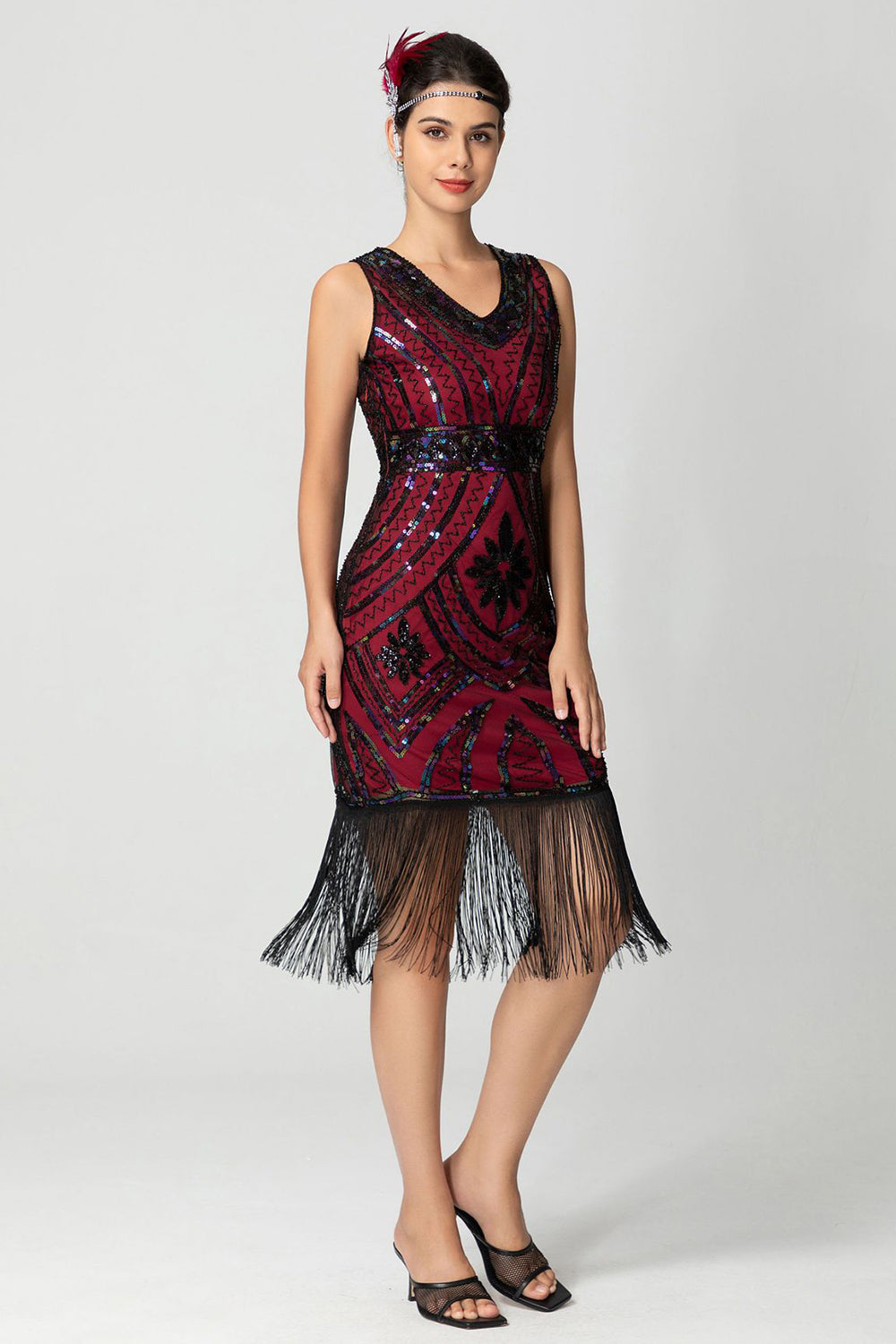 Frynser Slire Paljetter V-hals Svart Bugundy 1920-talls kjole