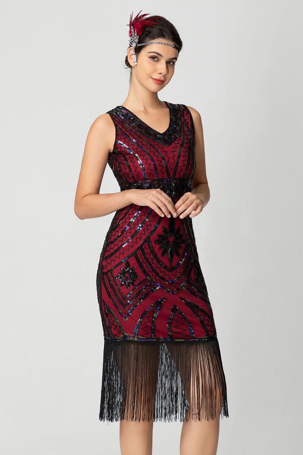 Frynser Slire Paljetter V-hals Svart Bugundy 1920-talls kjole