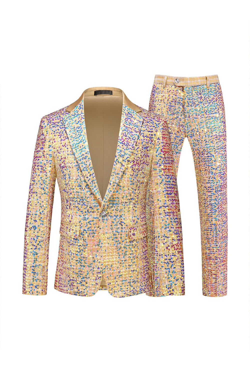 Champagne Paljett Enkeltspent Hakket Jakkeslag Trykt 2 deler Skoleballdresser for menn