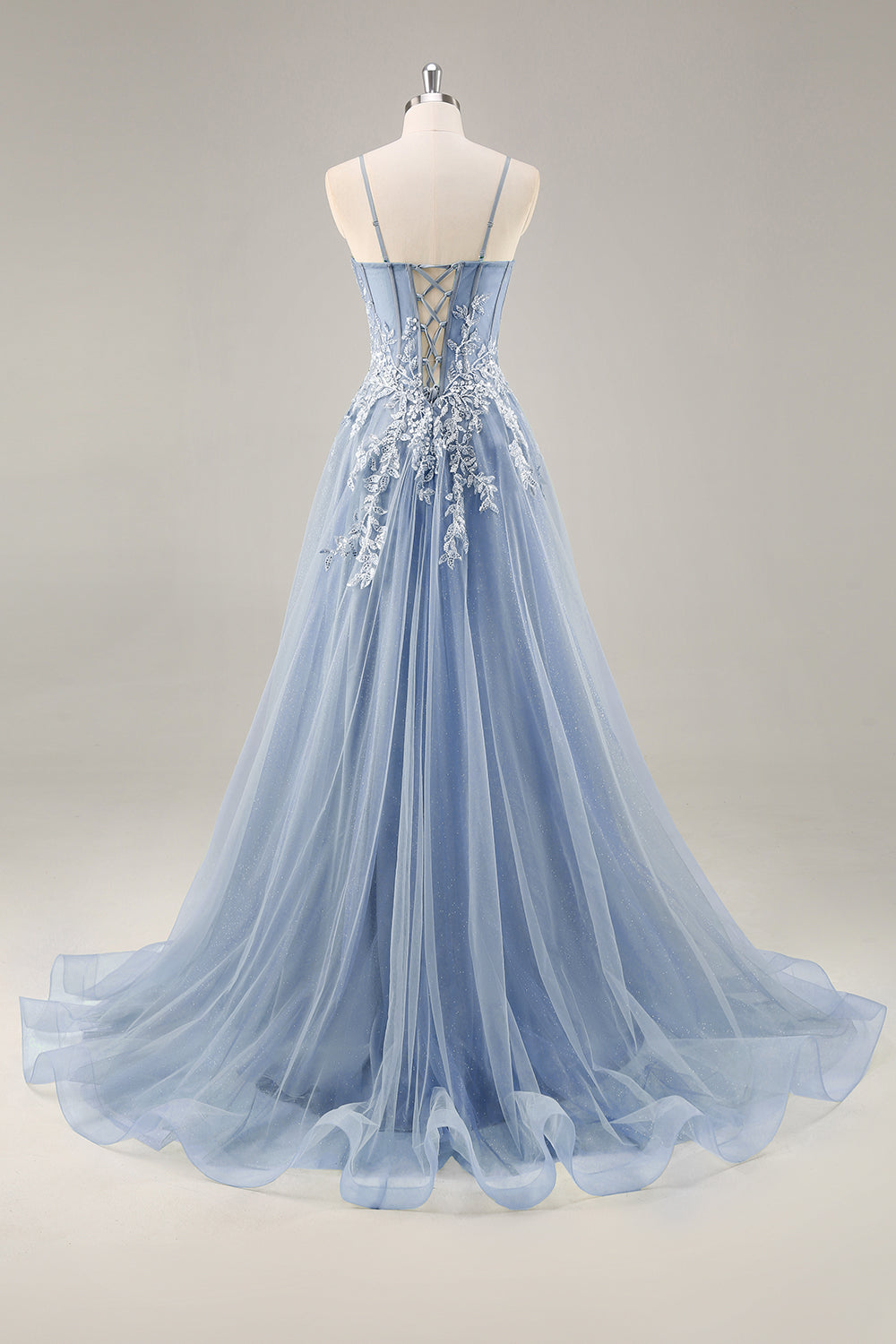 Dusty Blue A Line Stroppeløs Sheer Korsett Beaded Lang Ballkjole med Splitt