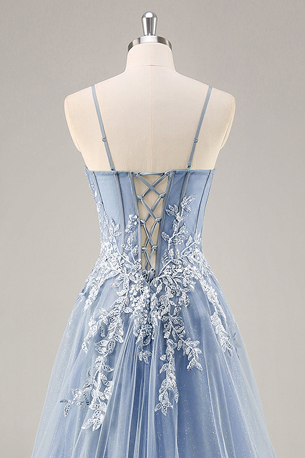 Dusty Blue A Line Stroppeløs Sheer Korsett Beaded Lang Ballkjole med Splitt