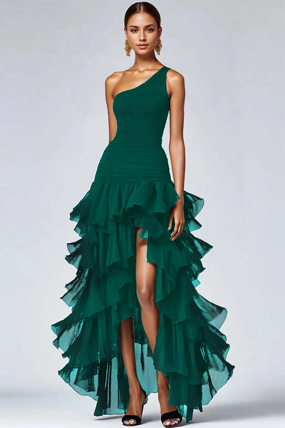 En skulder Ruffled A Line Svart Formell Kjole Med Splitt