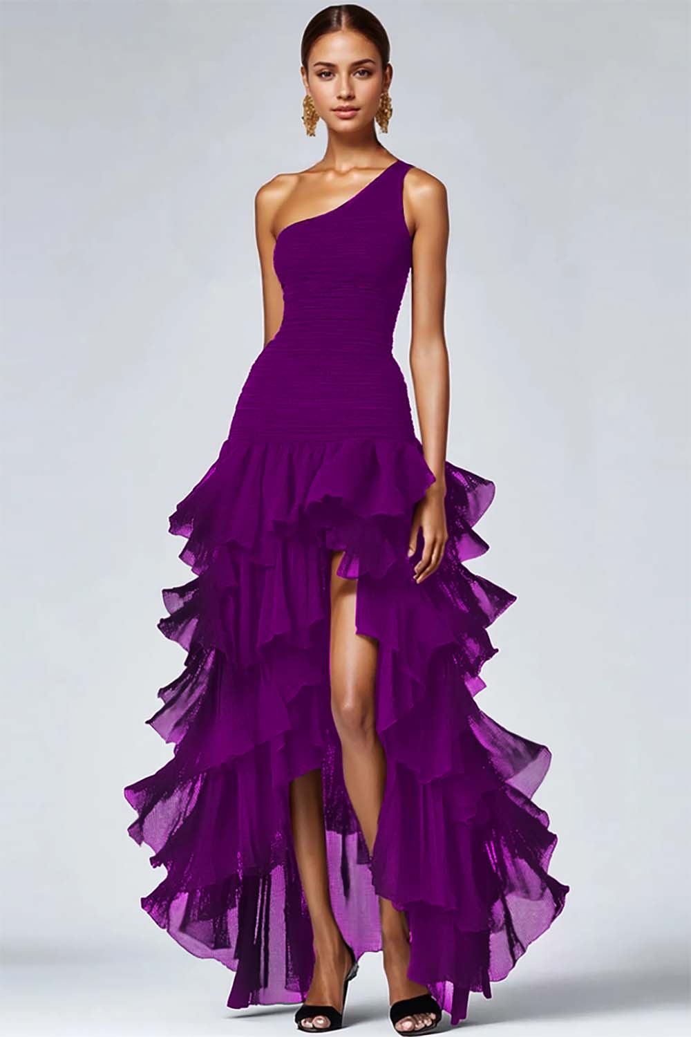 En skulder Ruffled A Line Svart Formell Kjole Med Splitt