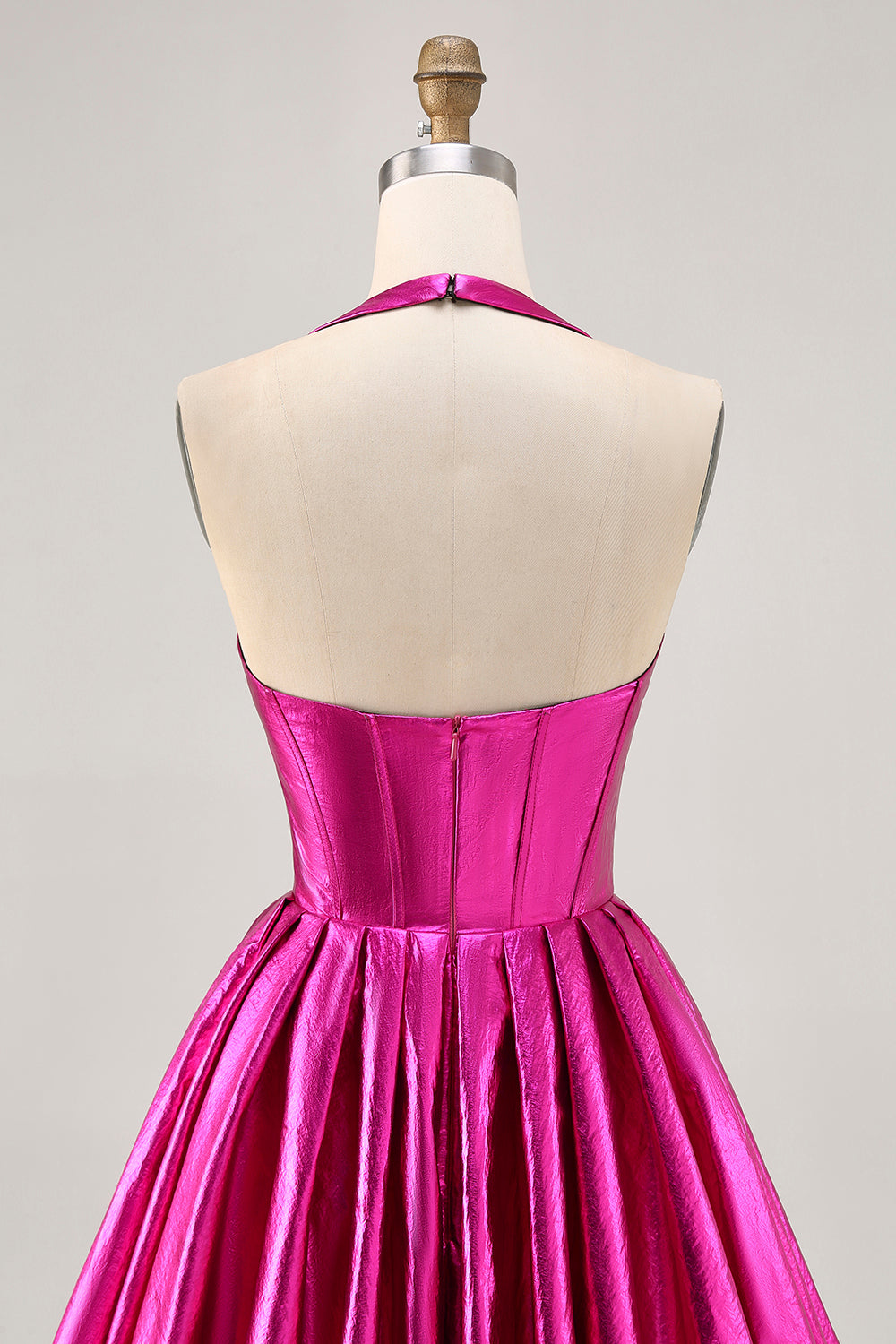Metallisk Fuchsia Halter Plissert Homecoming Kjole