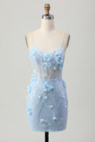 Blå Bodycon Korsett Paljetter Kort Homecoming Kjole med 3D Blomster