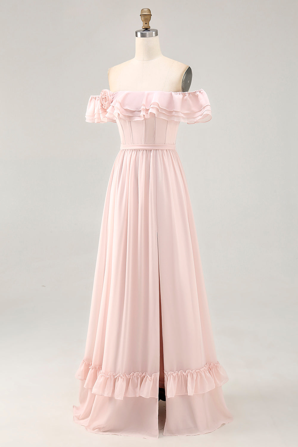 Off The Shoulder Blush Ruffled A Line Brudepikekjole med splitt