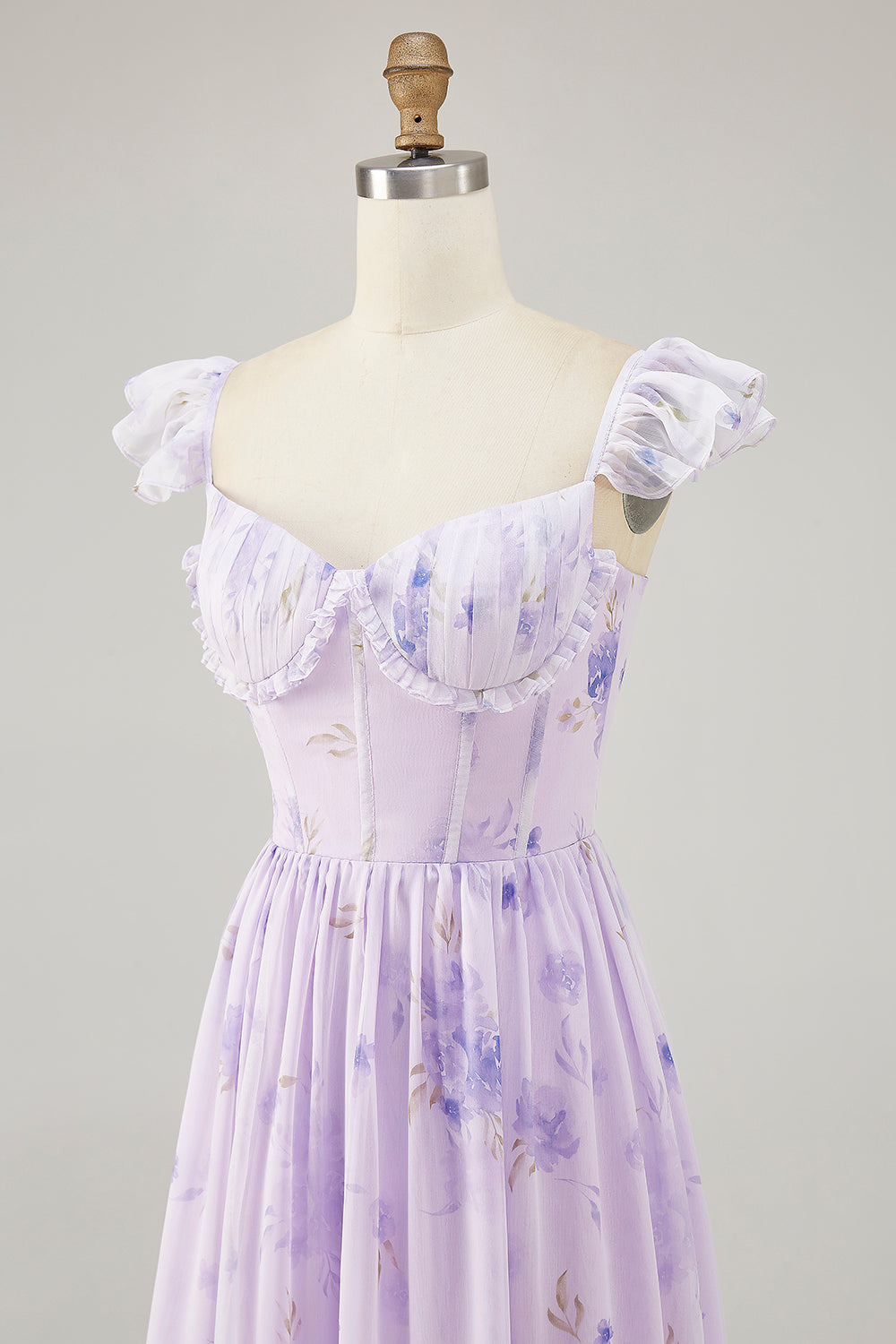Lavendel Blomst Trykt Ruffled A Line Brudepikekjole med Splitt