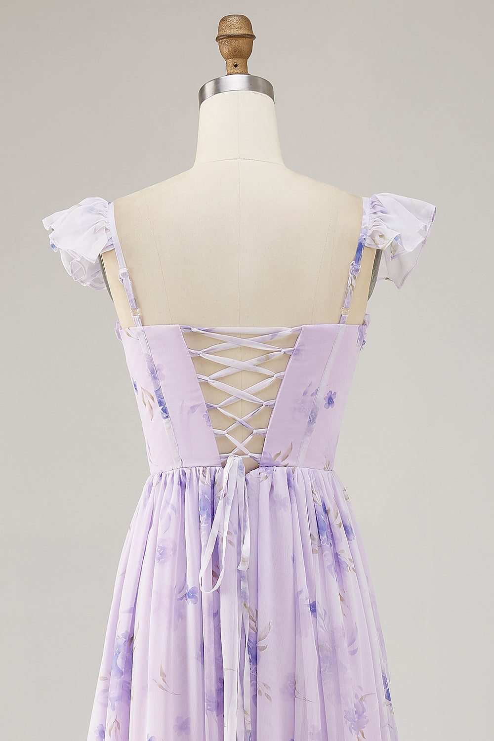 Lavendel Blomst Trykt Ruffled A Line Brudepikekjole med Splitt