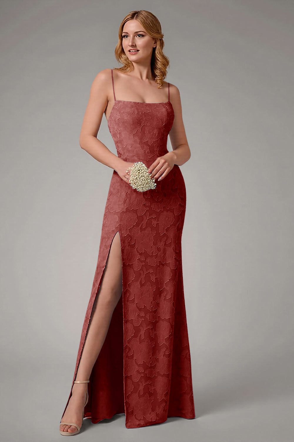 Støvet Blå Slire Spaghetti Stropper Brudepike Kjole Med Splitt