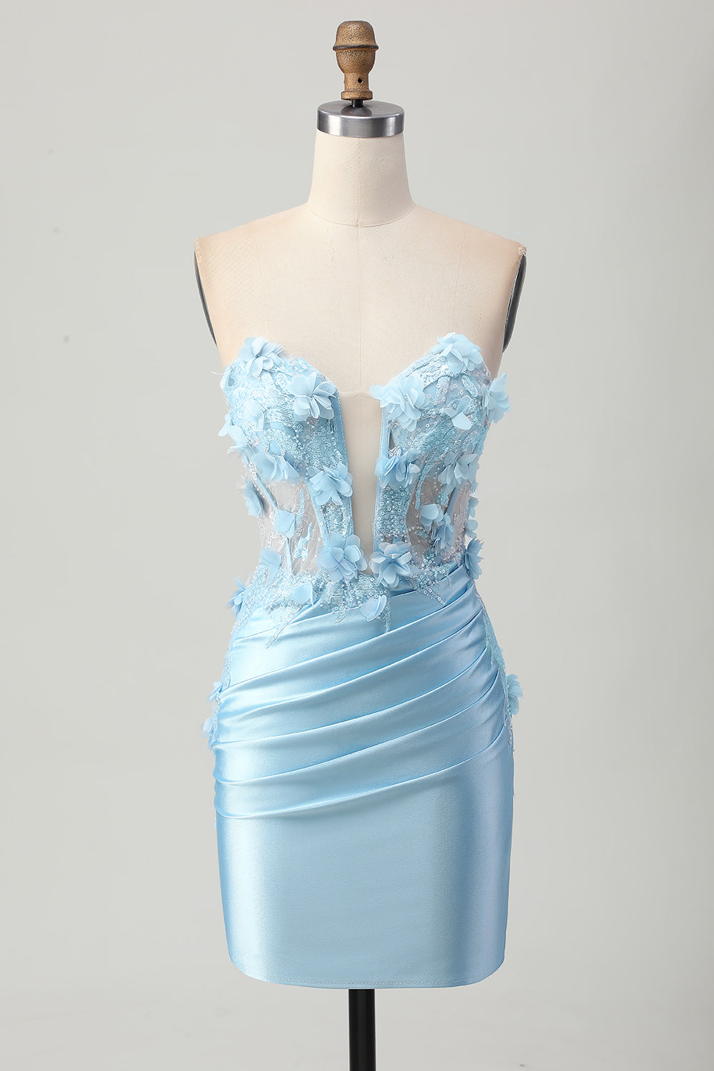 Himmelblå Satin Bodycon Stroppeløse Paljetter Kort Homecoming Kjole med Appliques