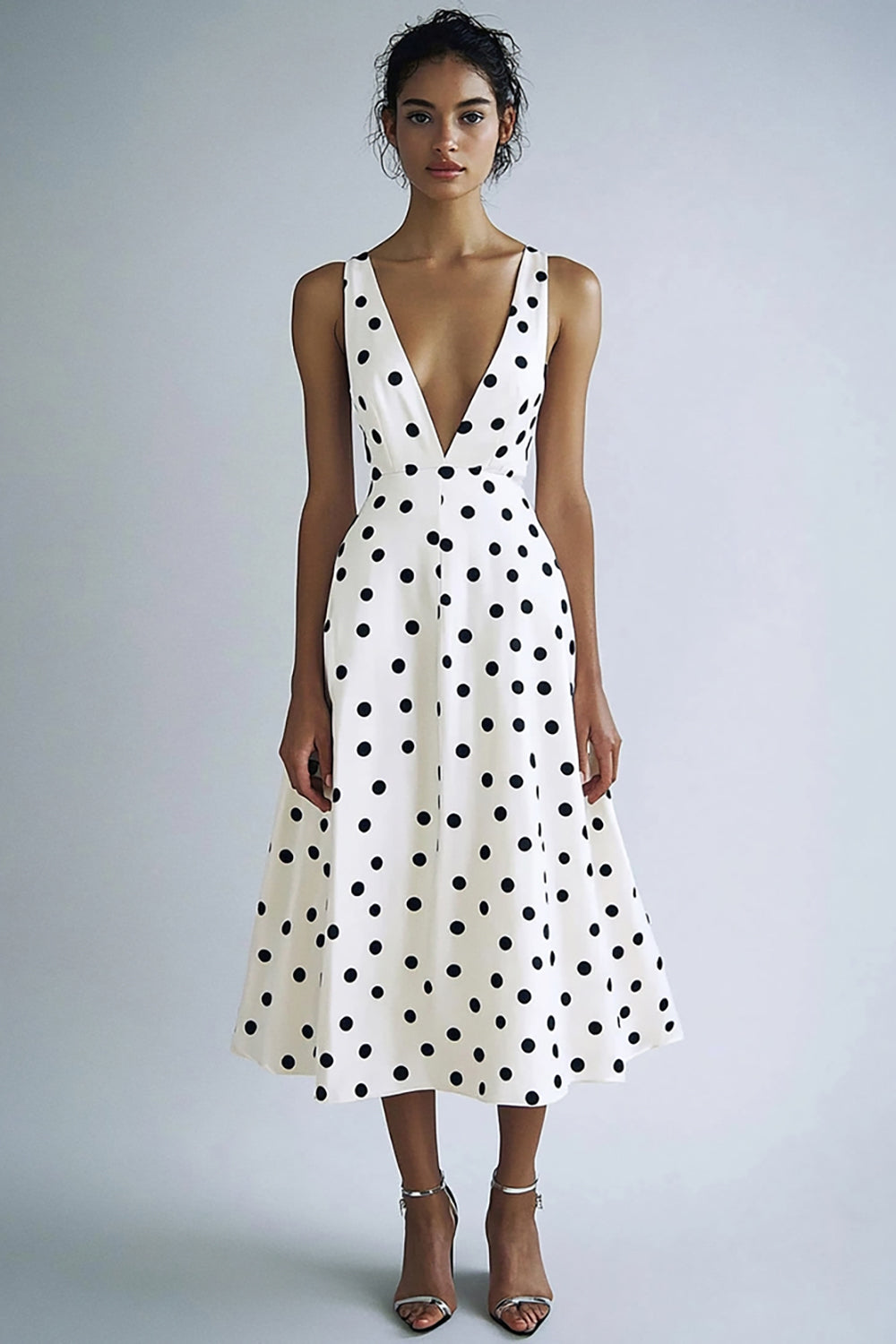 Hvit A Line V-hals Svart Polka Dots Kjole