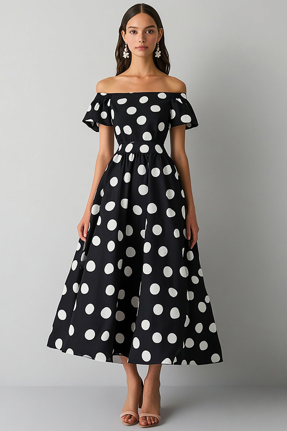 Off The Shoulder Svart Hvit A Line Polka Dots Kjole