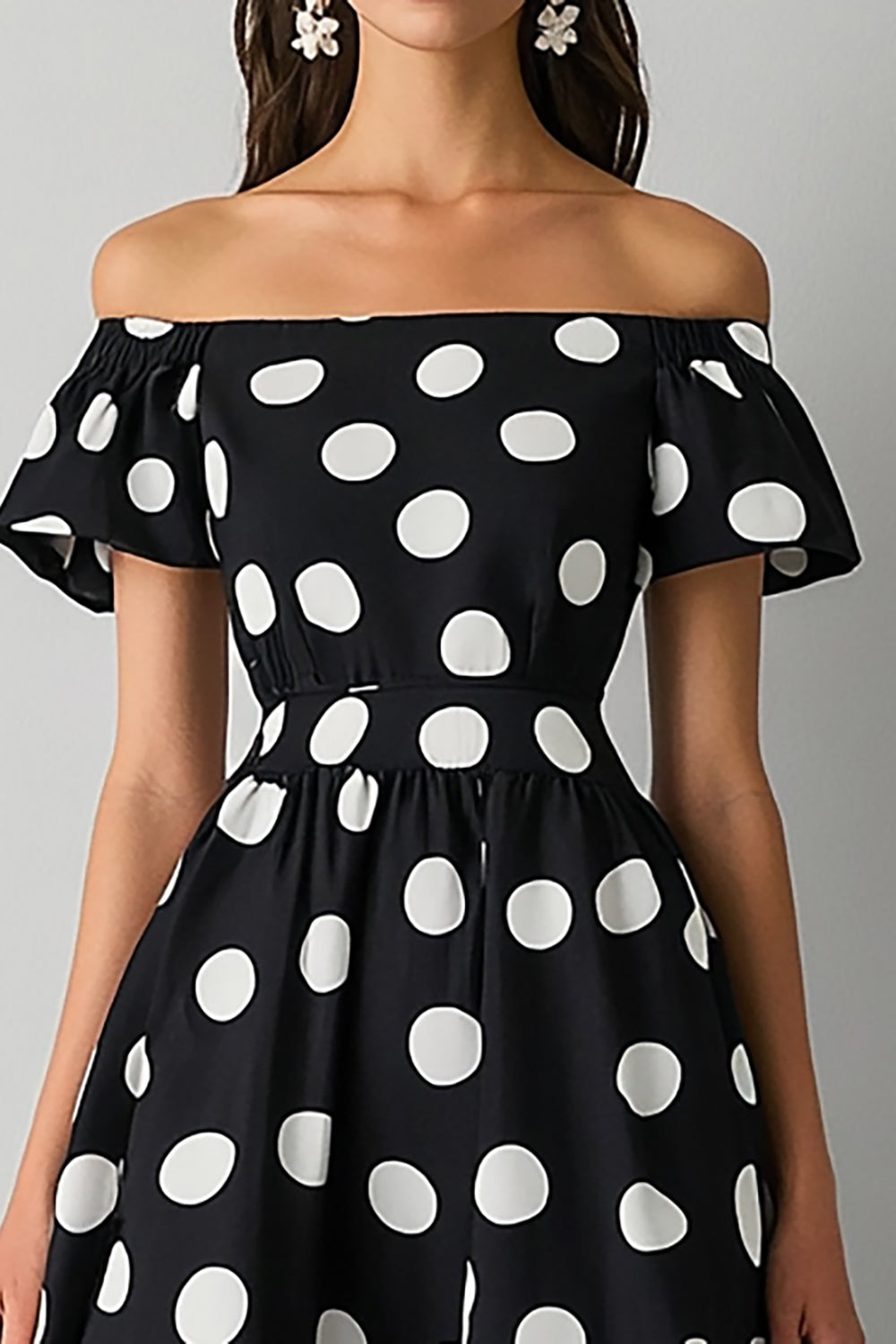 Off The Shoulder Svart Hvit A Line Polka Dots Kjole