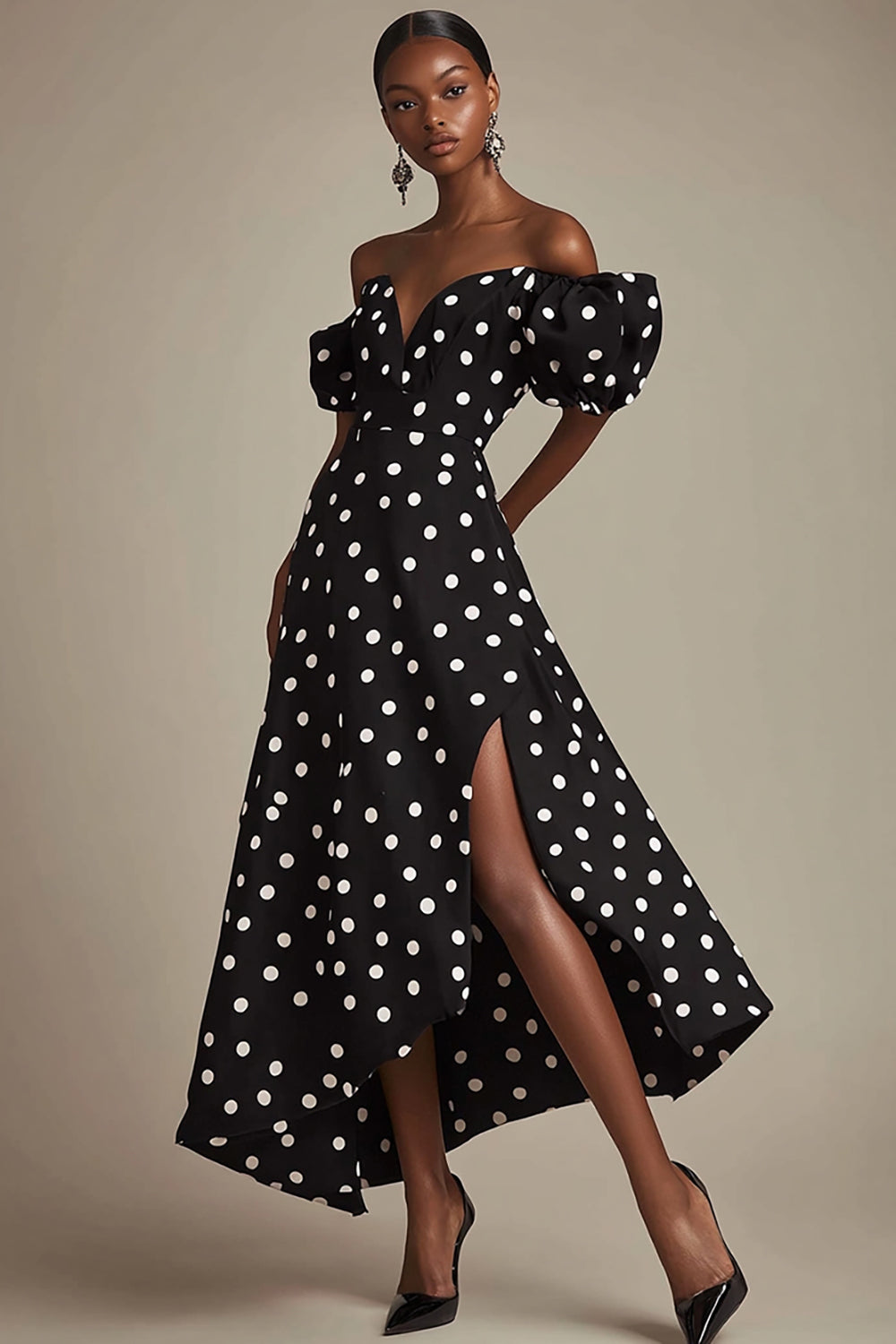 Svart A Line Off The Shoulder Hvit Polka Dots Kjole med Splitt