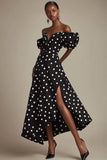 Svart A Line Off The Shoulder Hvit Polka Dots Kjole med Splitt