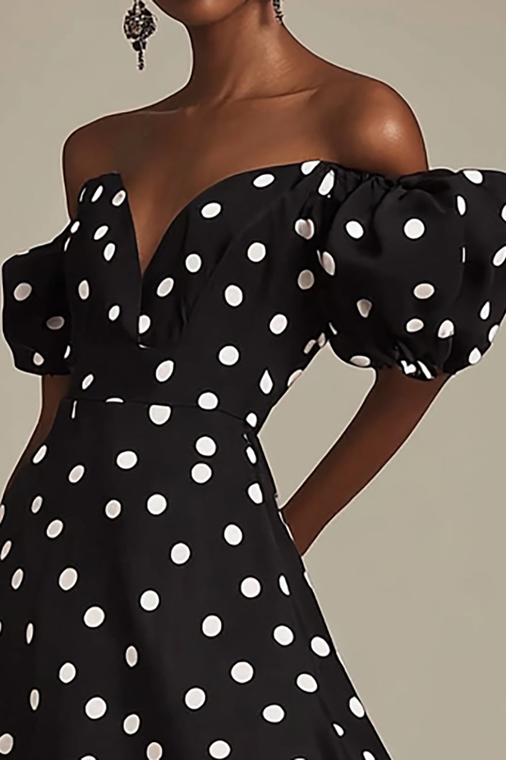 Svart A Line Off The Shoulder Hvit Polka Dots Kjole med Splitt
