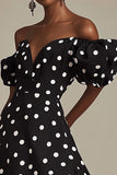Svart A Line Off The Shoulder Hvit Polka Dots Kjole med Splitt