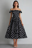 Off The Shoulder A Line Svart Hvit Polka Dots Kjole