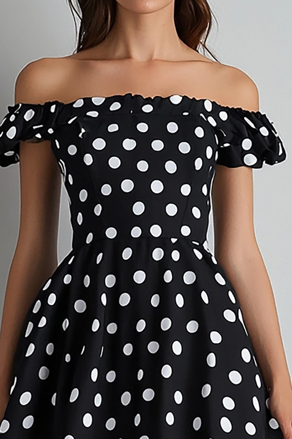 Off The Shoulder A Line Svart Hvit Polka Dots Kjole