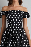 Off The Shoulder A Line Svart Hvit Polka Dots Kjole