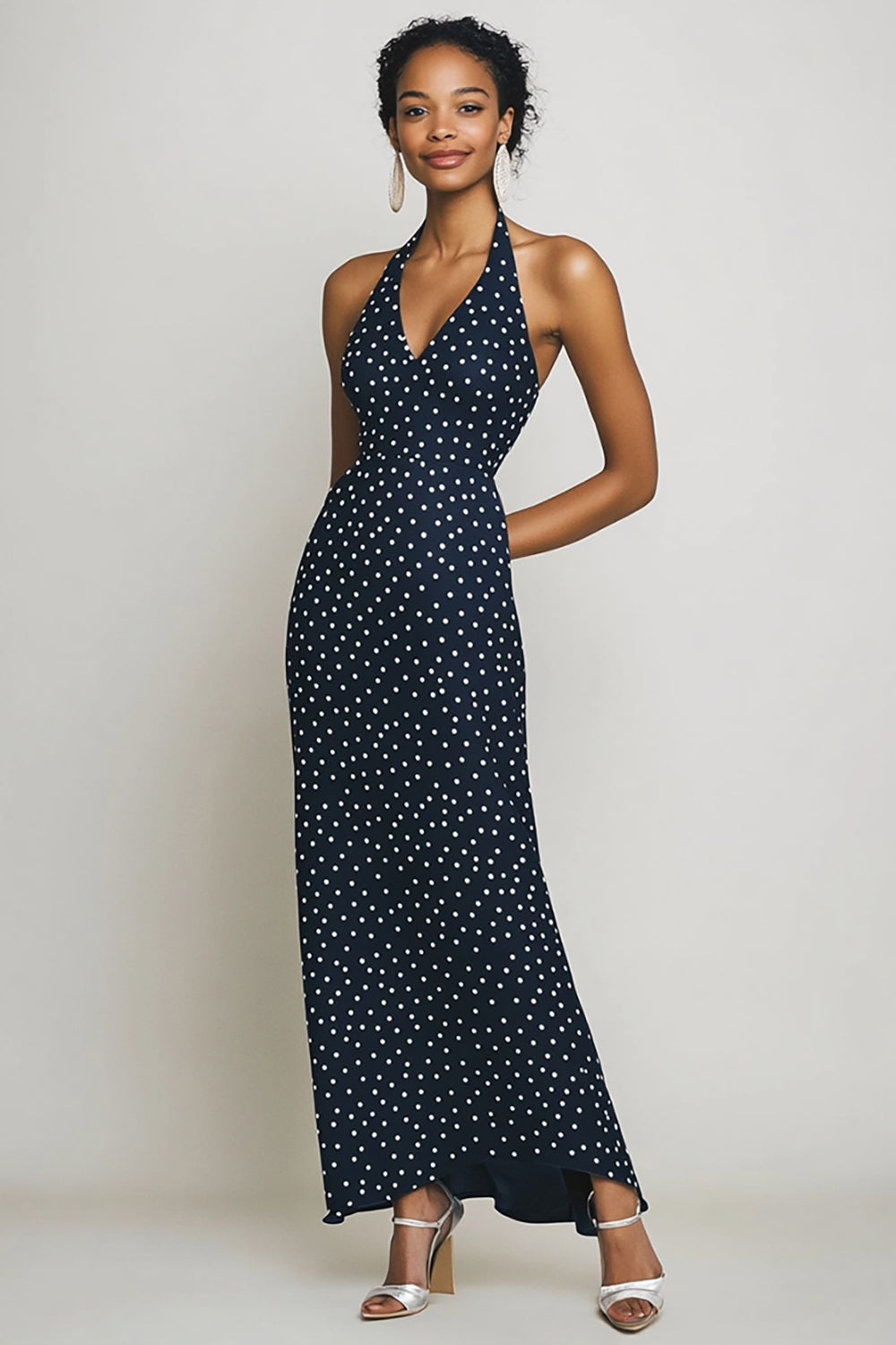 Halter Navy Slire Lang Hvit Polka Dots Kjole