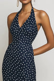 Halter Navy Slire Lang Hvit Polka Dots Kjole