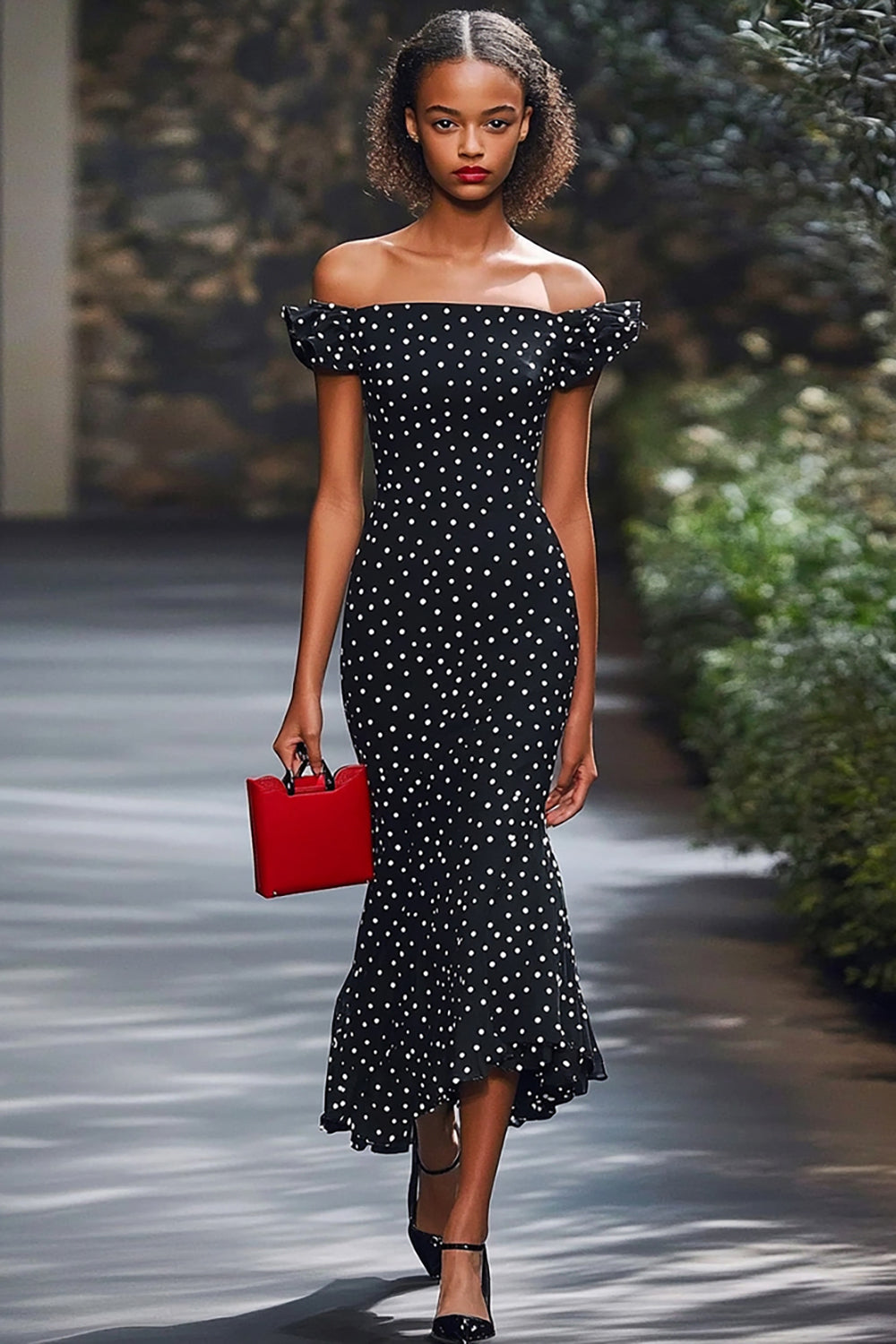 Havfrue Off The Shoulder Svart Hvit Polka Dot Kjole