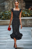 Havfrue Svart Hvit Polka Dots Kjole med Volanger
