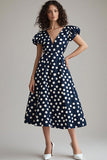 Marinehvit A Line Polka Dots Kjole med Puff Ermer