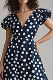 Marinehvit A Line Polka Dots Kjole med Puff Ermer
