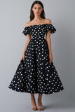 Off The Shoulder volangkjole Svart Hvit Polka Dots Kjole