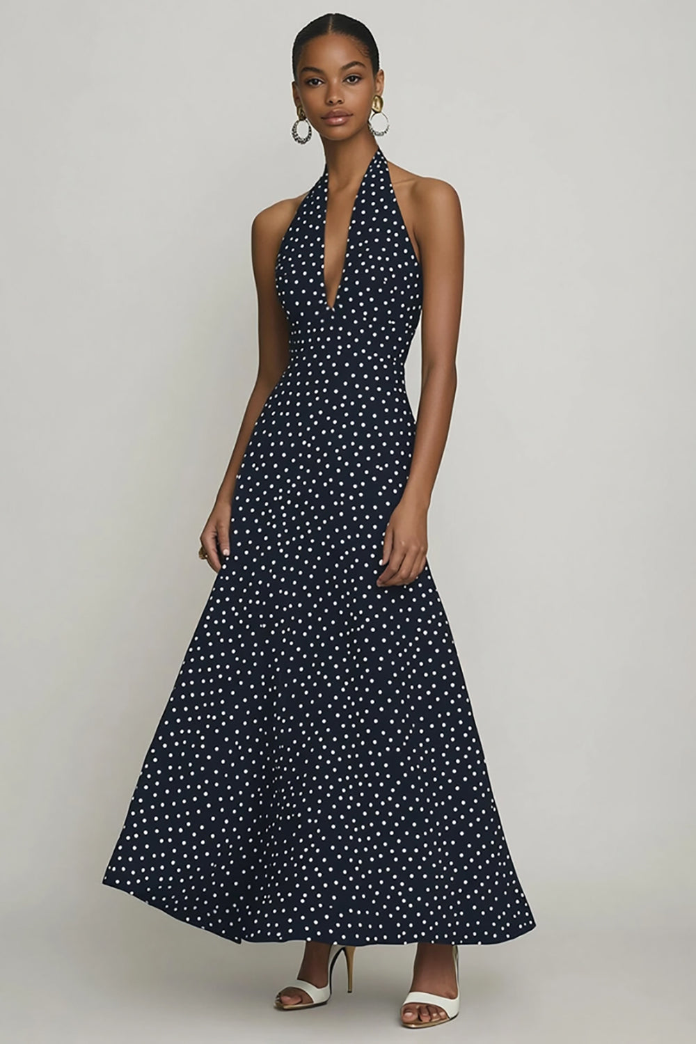 Chiffon Halter A-linje Svart Hvit Polka Dots Kjole