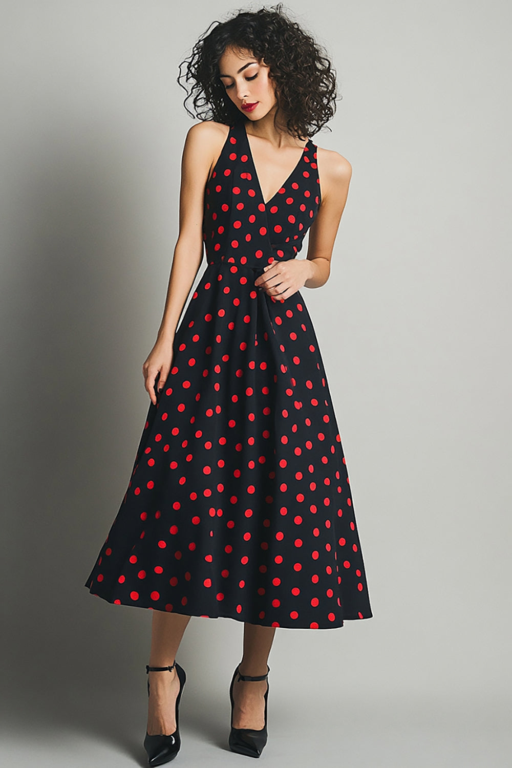 Svart Rød A Line V-hals Polka Dots Kjole